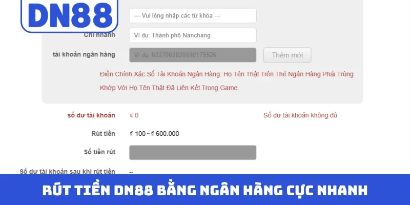 Rút tiền DN88 bằng ngân hàng cực nhanh
